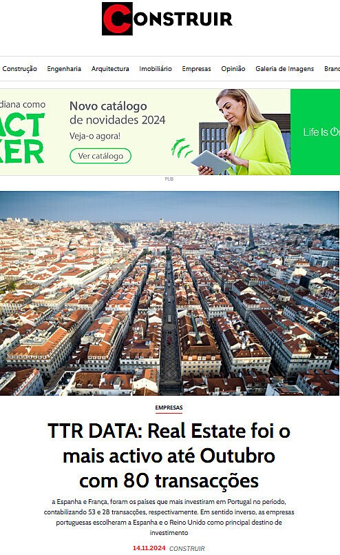 TTR DATA: Real Estate foi o mais activo at Outubro com 80 transaces